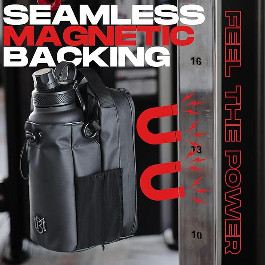 Magnetic Water Bottle Holder Gym Water Bottle Carrier Bag with Phone Pocket Water Bottle Pouch Sleeve with Silicone Towel Buckle and Sling for Men Women Gym Accessories Organizer