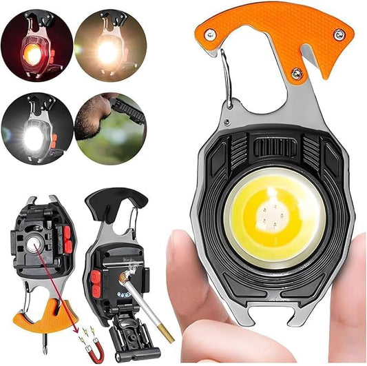Multifunction Keychain Flashlight, Rechargeable Keychain Light, COB Multi-Function Mini Work Light, 7 Lighting Modes with Electric Lighter, Seat Belt Cutter, Screwdriver, Whistle