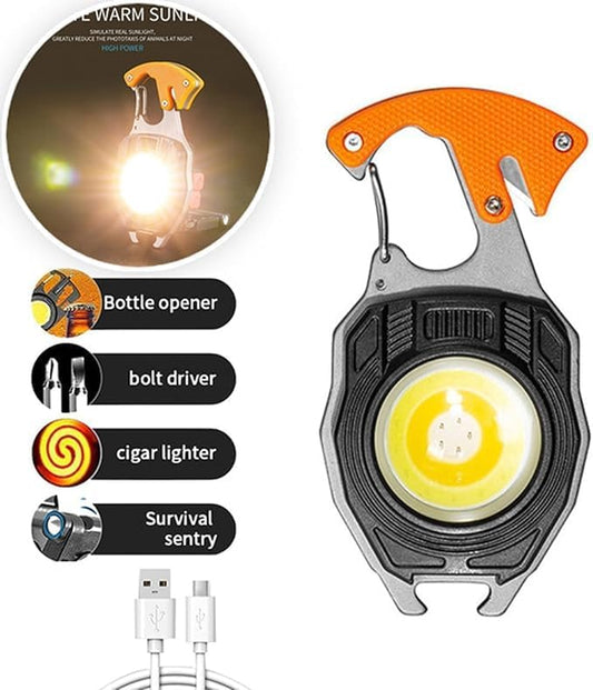 Multifunction Keychain Flashlight, Rechargeable Keychain Light, COB Multi-Function Mini Work Light, 7 Lighting Modes with Electric Lighter, Seat Belt Cutter, Screwdriver, Whistle