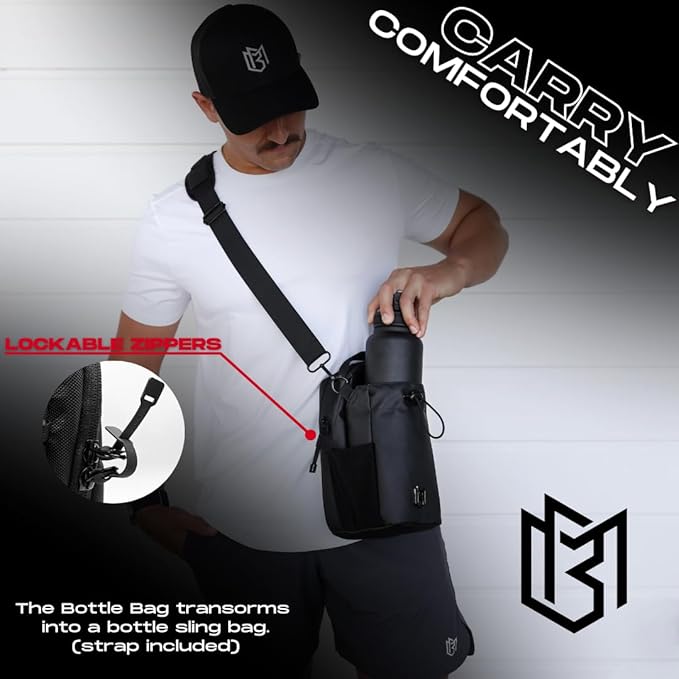 Magnetic Water Bottle Holder Gym Water Bottle Carrier Bag with Phone Pocket Water Bottle Pouch Sleeve with Silicone Towel Buckle and Sling for Men Women Gym Accessories Organizer