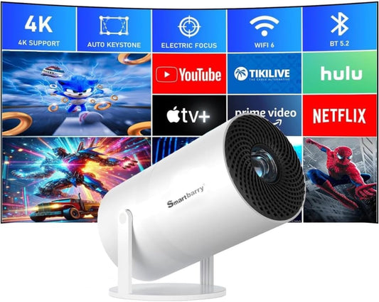 Smartbarry™ Mini Projector: 4K/1080p, WiFi & Bluetooth, Android OS, 210° Rotatable Stand, 8000+ Apps, Dust-Removal & Heat-Dissipation System.