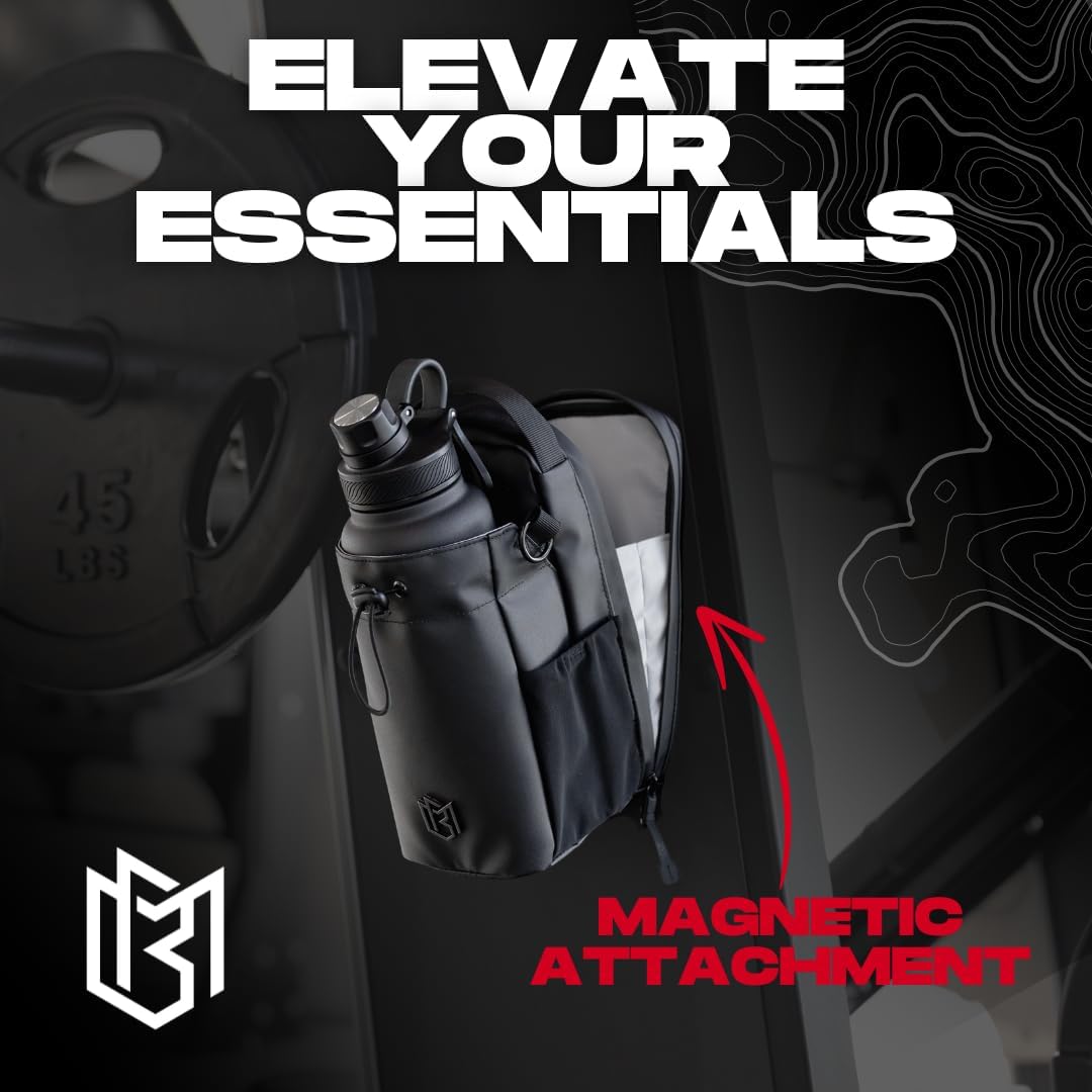 Magnetic Water Bottle Holder Gym Water Bottle Carrier Bag with Phone Pocket Water Bottle Pouch Sleeve with Silicone Towel Buckle and Sling for Men Women Gym Accessories Organizer
